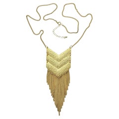 Gold Plated Articulated Textured Chevron Pendant Necklace with Fringe 1970s