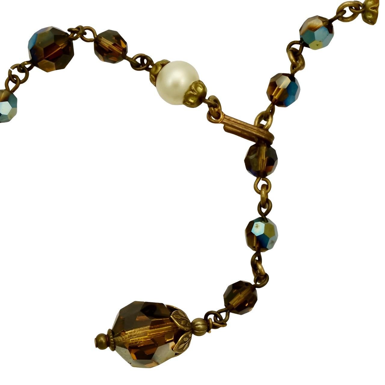 Women's or Men's Gold Plated Aurora Borealis and Faux Pearl Necklace with a Glass Centrepiece For Sale