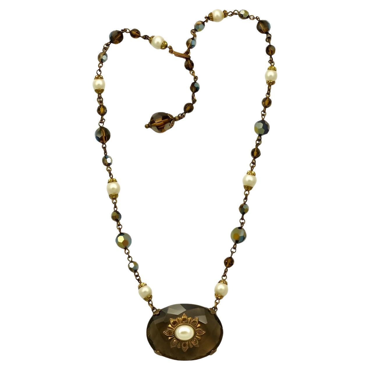Gold Plated Aurora Borealis and Faux Pearl Necklace with a Glass Centrepiece For Sale