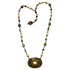 Vintage Gold Plated Aurora Borealis and Faux Pearl Necklace with a Glass Centrepiece