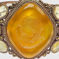 Gold Plated Bangle with Amber Glass Intaglio and Faux Cameo and Glass Surround