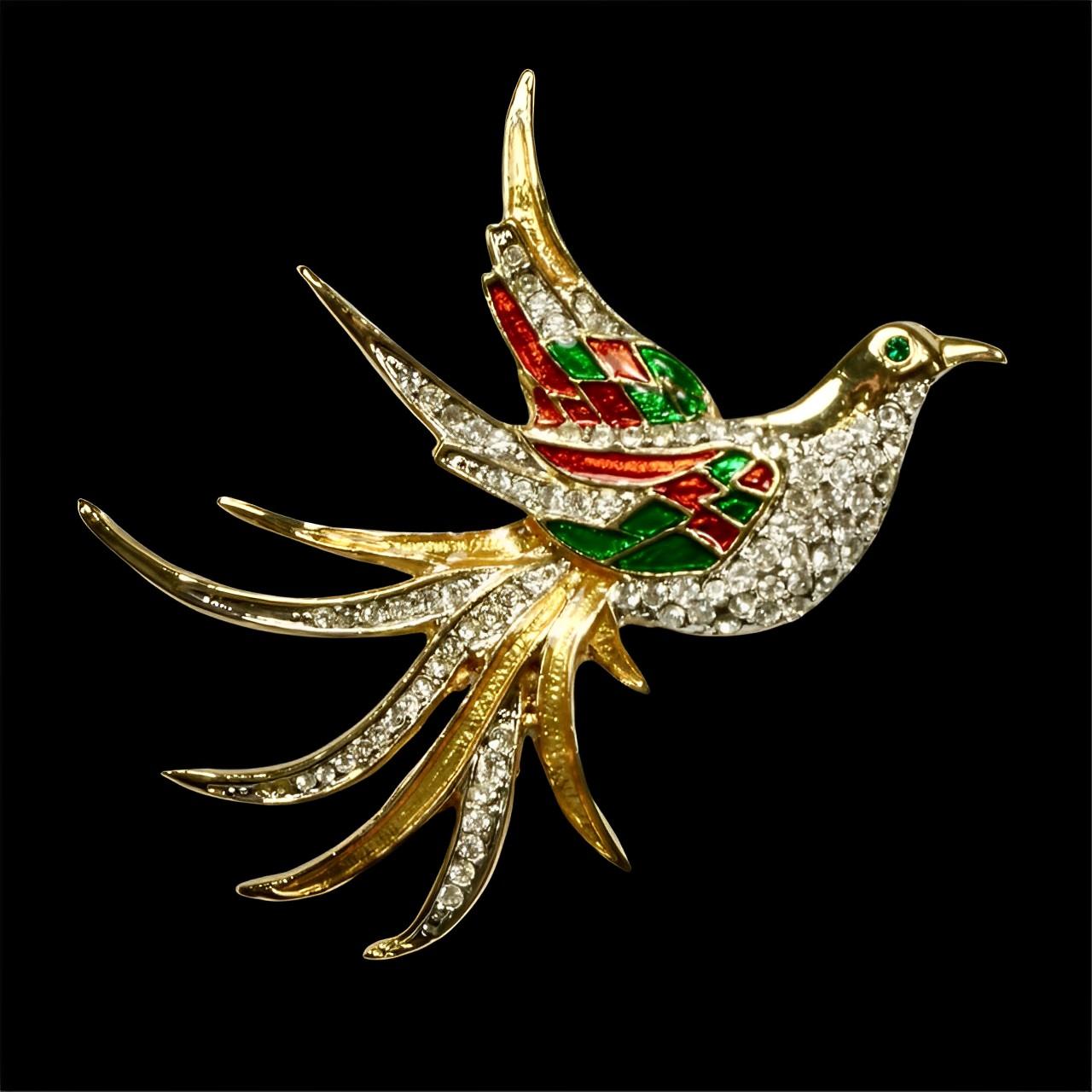 Gold Plated Bird Brooch with Red Green Enamel and Rhinestones circa 1980s For Sale 1