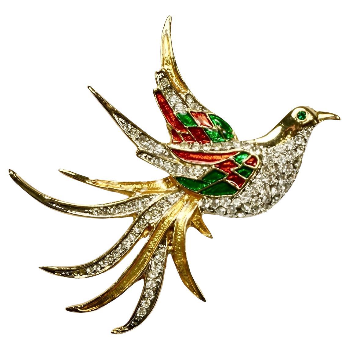 Gold Plated Bird Brooch with Red Green Enamel and Rhinestones circa 1980s For Sale