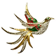 Broche de pájaro chapado en oro con esmalte rojo verde y brillantes circa años 80