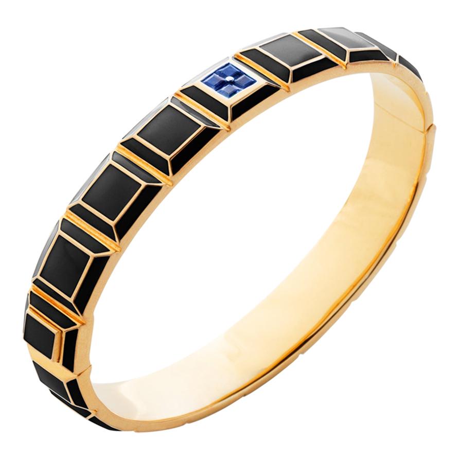 Gold-Plated Black Enamel Blue Sapphire Carousel Bracelet For Sale