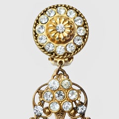 Gold Plated Black Enamel Rhinestone Ornate Drop Statement Earrings Paris