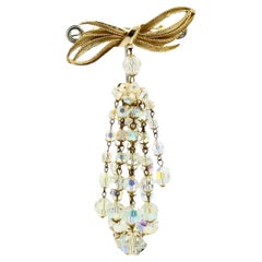 Gold Plated Bow Dangle Brooch with Glass Aurora Borealis circa 1960s