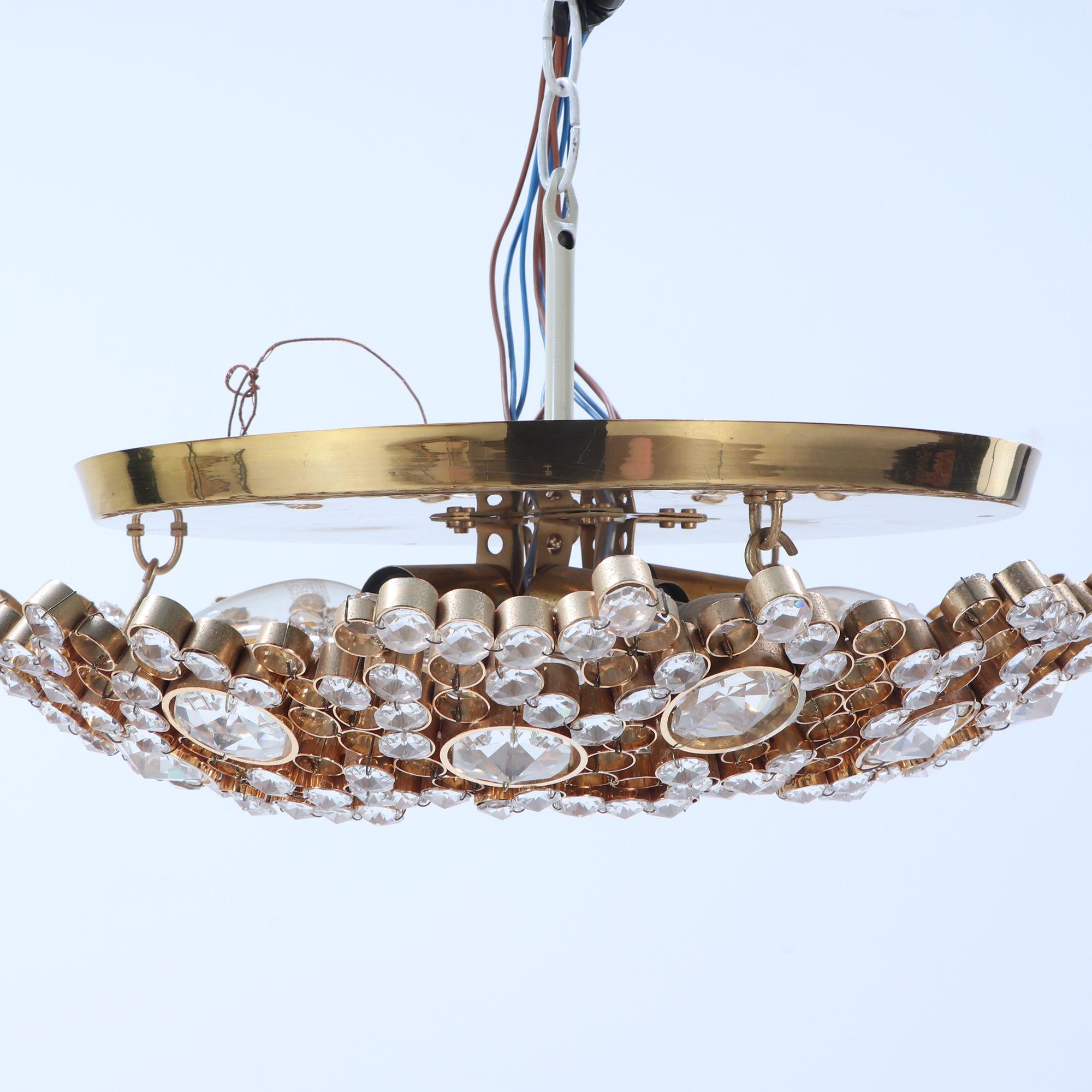 Gold-Plated Brass and Crystal Flush Mount Ceiling Fixture by Lobmeyr, Austria. In Good Condition For Sale In Philadelphia, PA