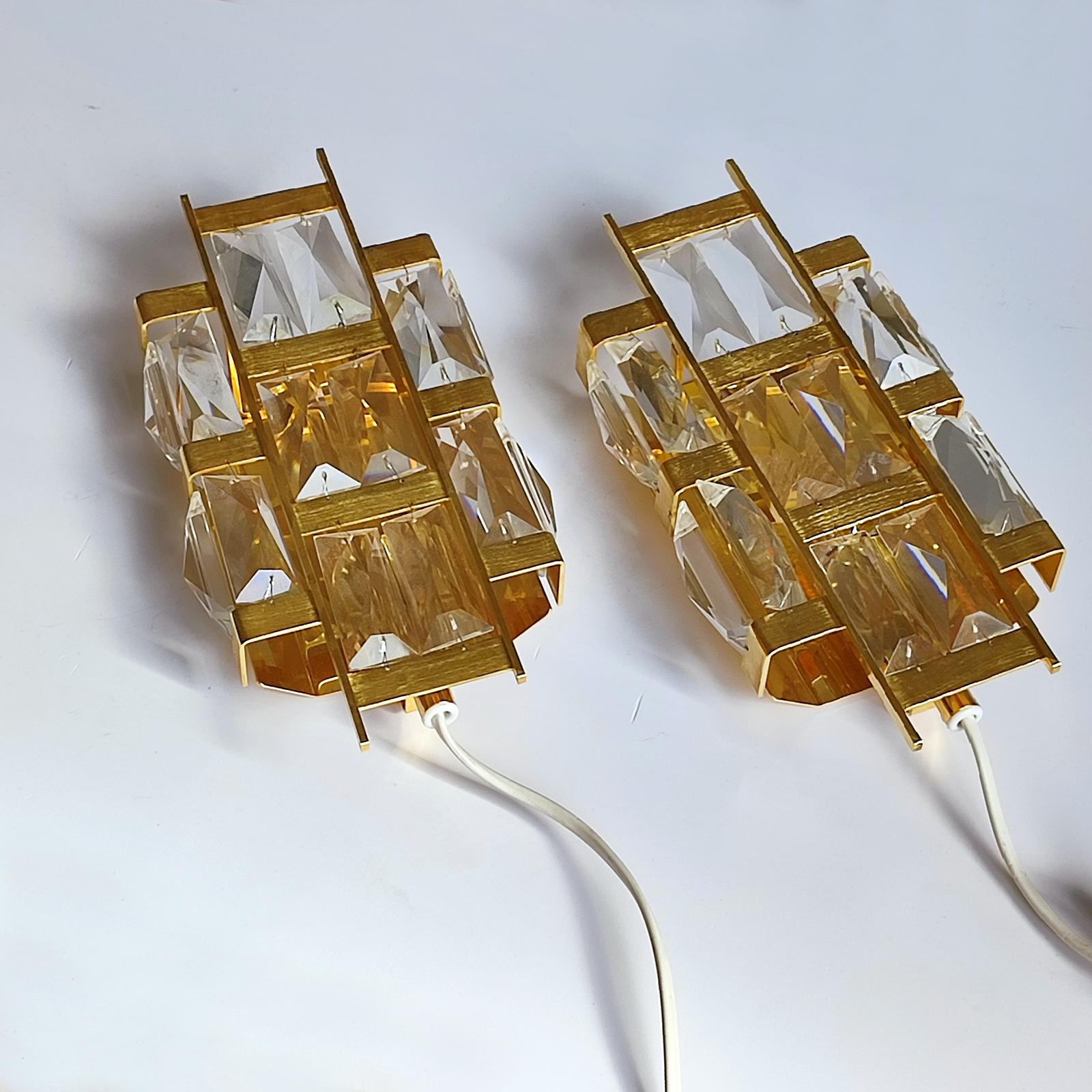 Mid-Century Modern  Gold-plated Brass and Crystal pair of Wall Lights, Palwa, Germany 1960s For Sale