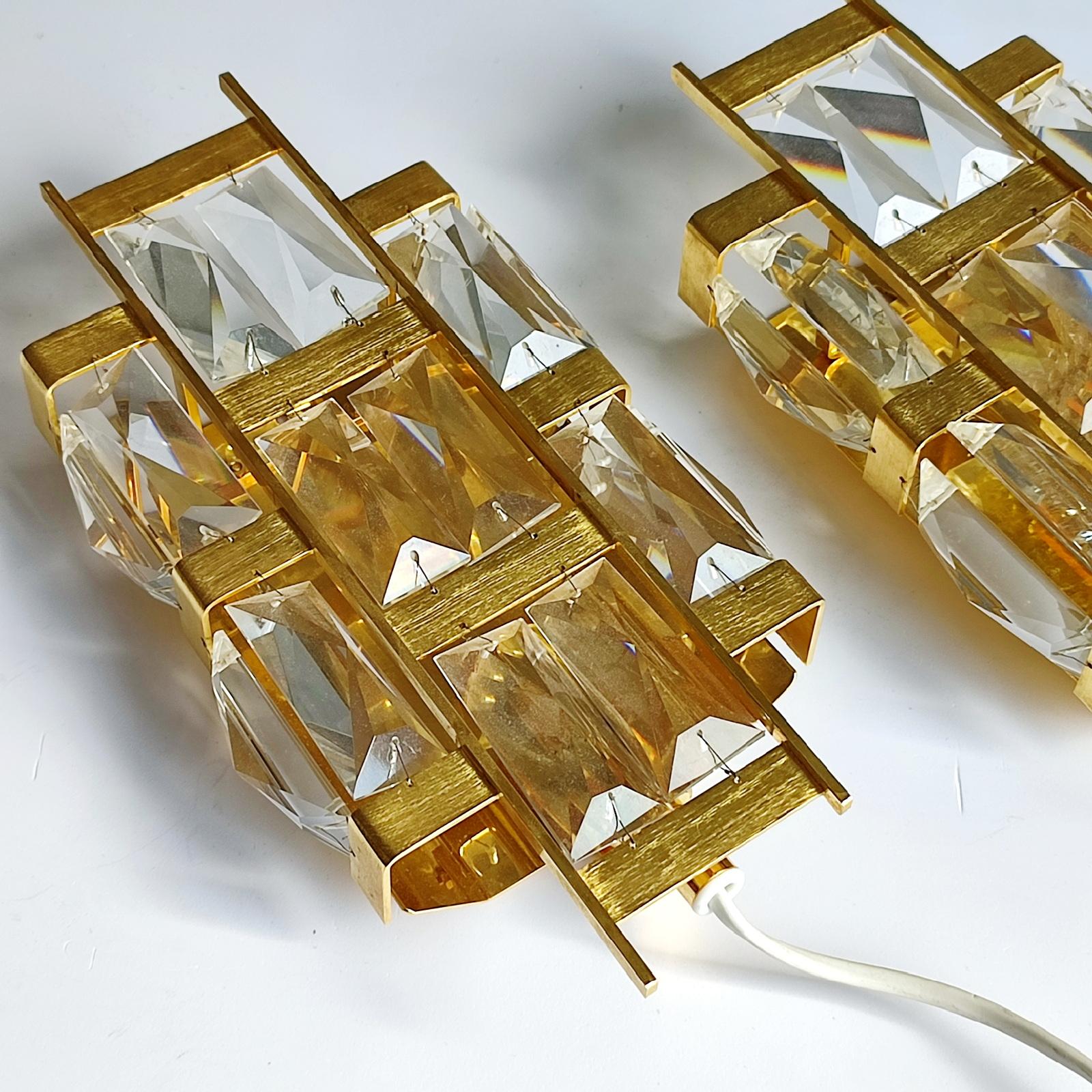 European  Gold-plated Brass and Crystal pair of Wall Lights, Palwa, Germany 1960s For Sale