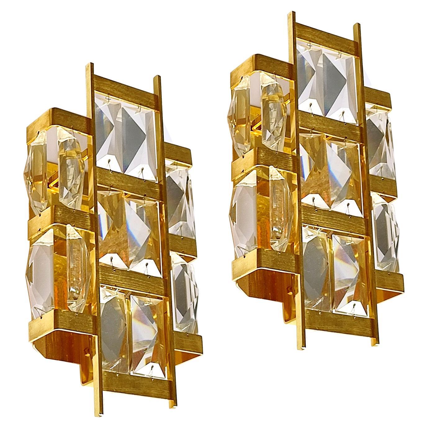  Gold-plated Brass and Crystal pair of Wall Lights, Palwa, Germany 1960s