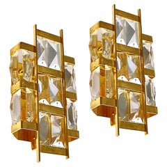 Vintage  Gold-plated Brass and Crystal pair of Wall Lights, Palwa, Germany 1960s