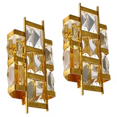 Gold-plated Brass and Crystal pair of Wall Lights, Palwa, Germany 1960s
