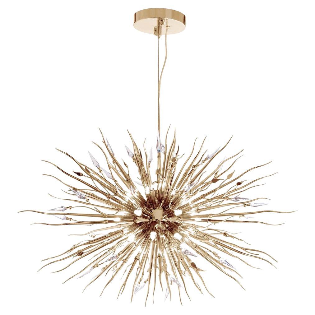 Gold-Plated Brass and Crystal Suspension Light with Organic Design For Sale