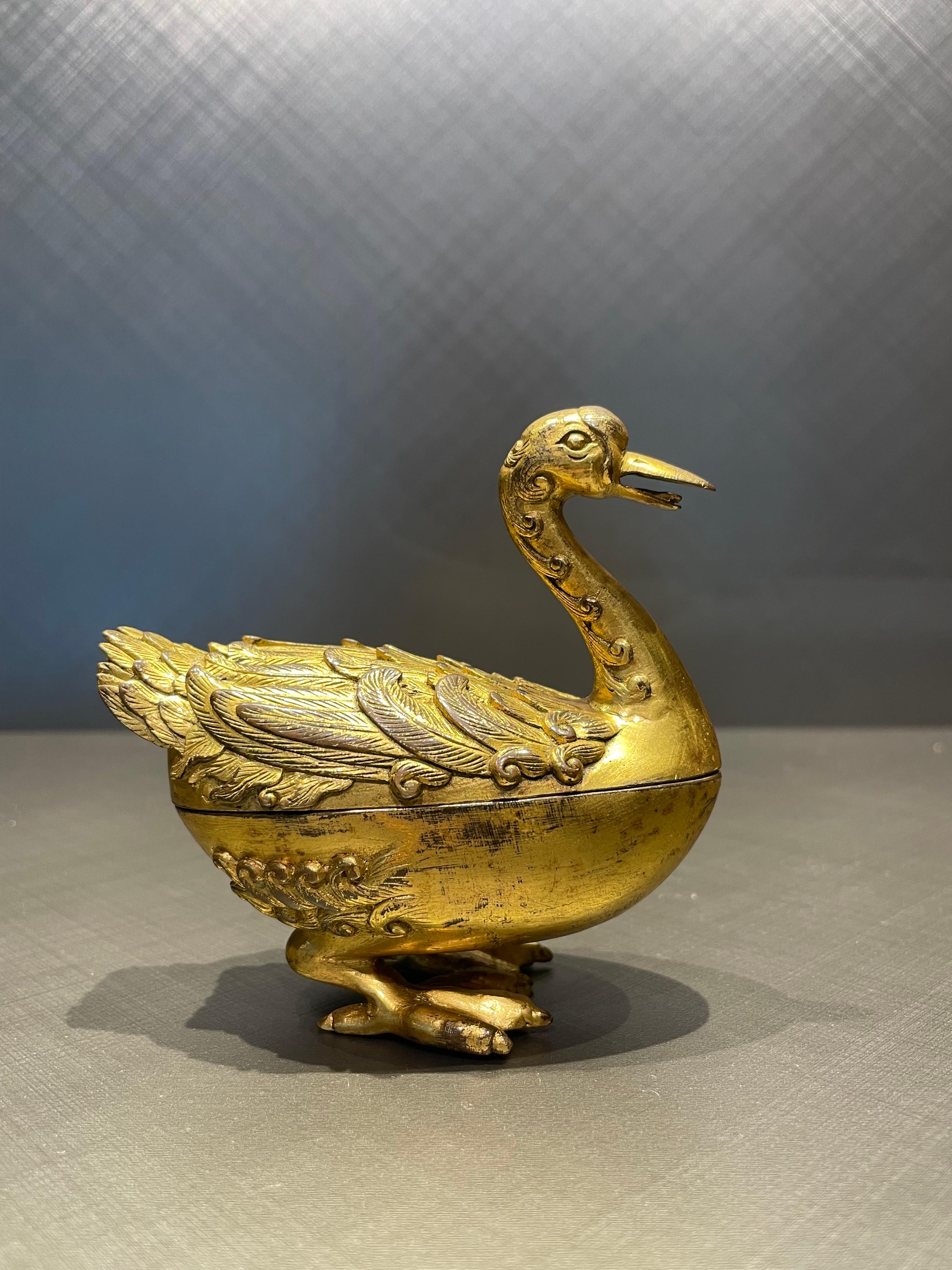 Chinese Gold Plated Bronze Duck Figured Incense Case, Qing Period For Sale