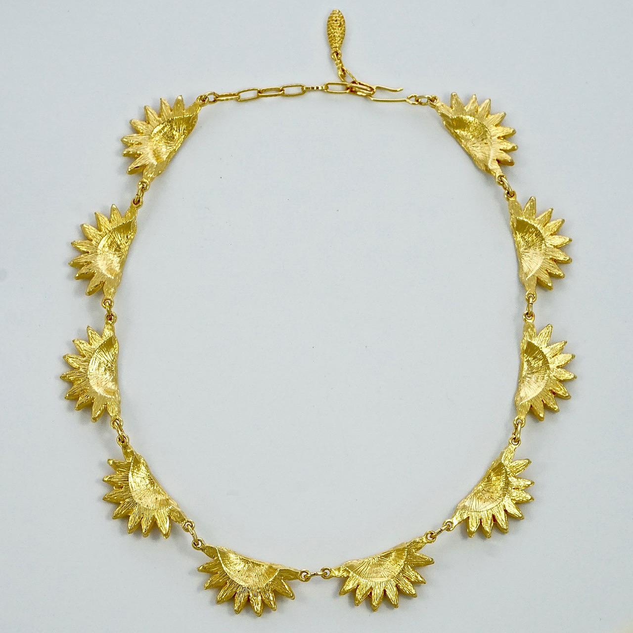 Gold Plated Brushed and Shiny Petal Link Necklace circa 1970s For Sale 3