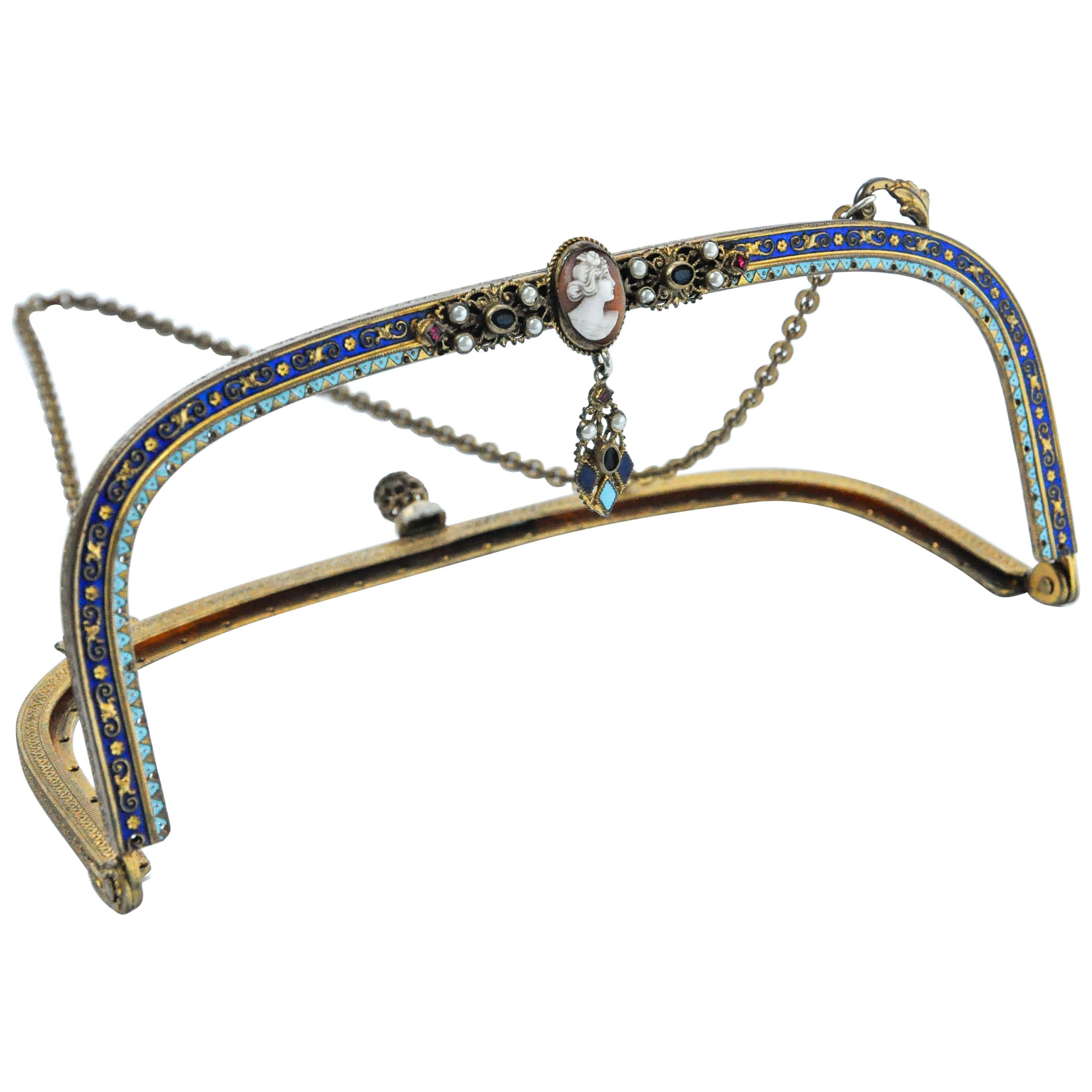 Mid-Century Enamel Jeweled Clutch Bag Clasp Frame For Sale