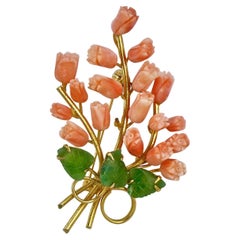 Gold Plated Carved Coral Roses and Jade Leaves Bouquet Brooch