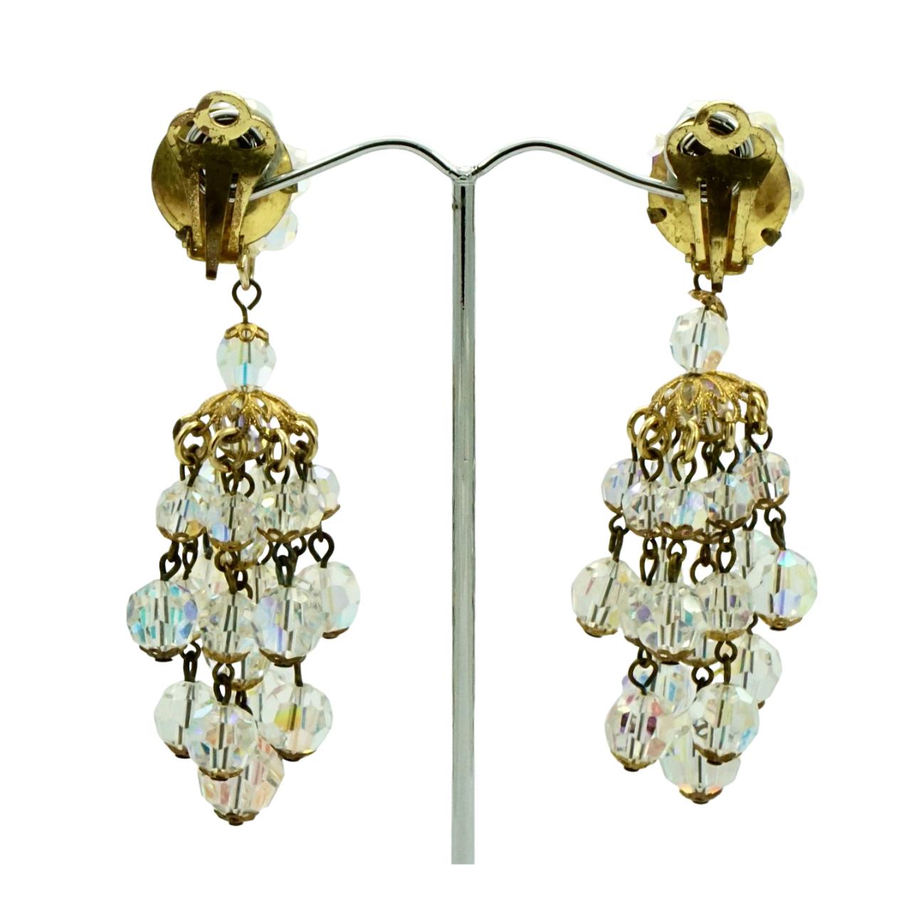 Gold Plated Chandelier Clip On Earrings with Glass Aurora Borealis circa 1960s In Good Condition For Sale In London, GB