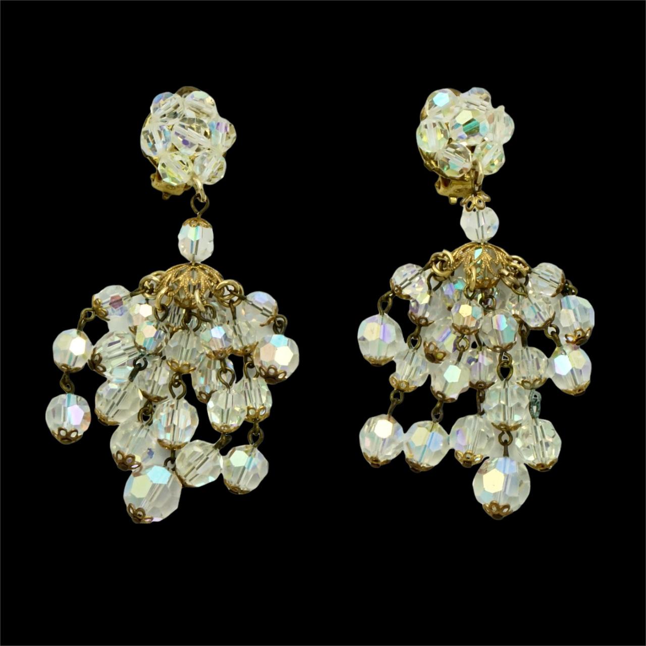 Women's or Men's Gold Plated Chandelier Clip On Earrings with Glass Aurora Borealis circa 1960s For Sale