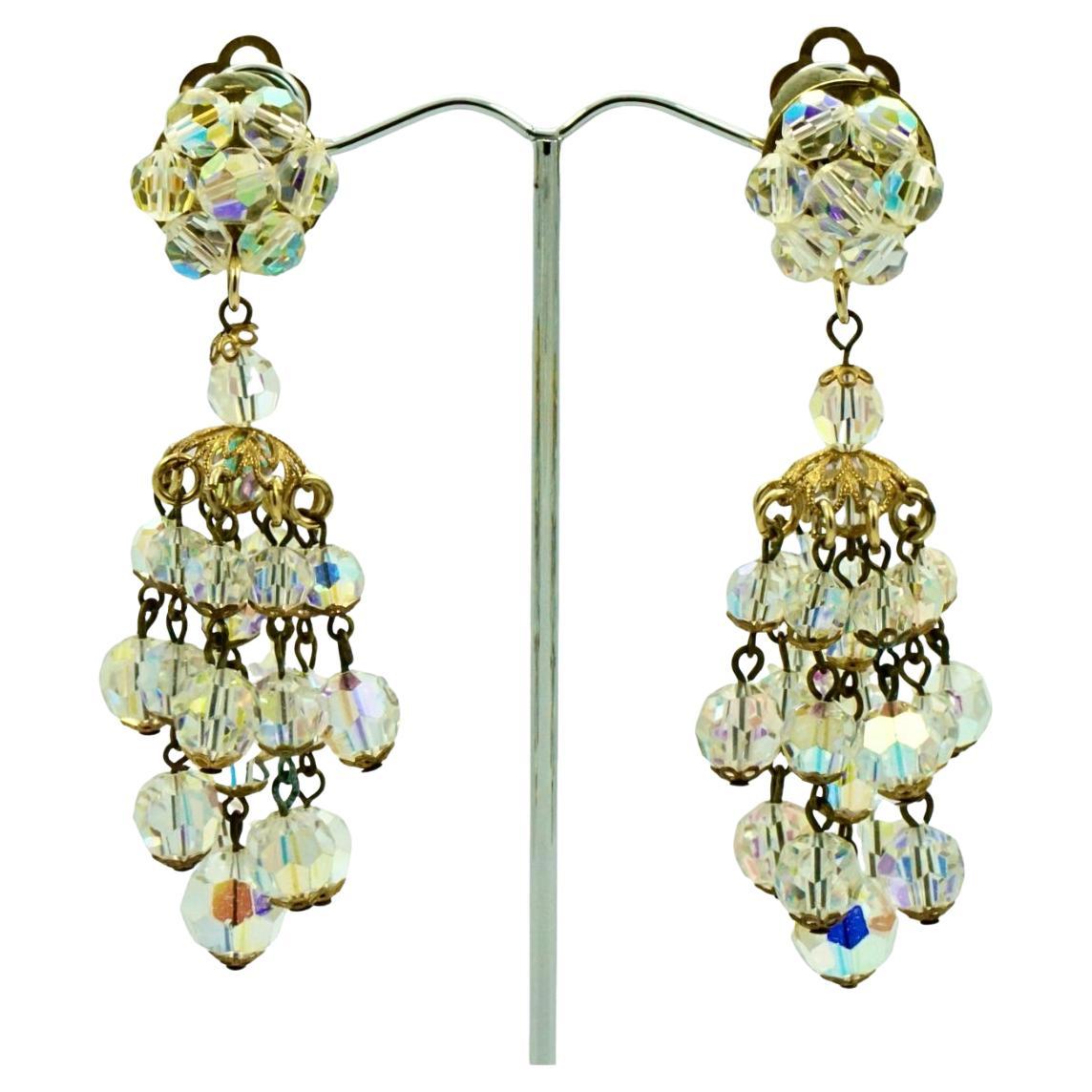 Gold Plated Chandelier Clip On Earrings with Glass Aurora Borealis circa 1960s For Sale