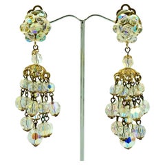Gold Plated Chandelier Clip On Earrings with Glass Aurora Borealis circa 1960s