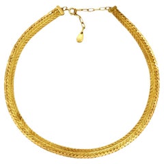 Retro Gold Plated Chevron Mesh and Shiny Serpentine Collar Necklace circa 1980s