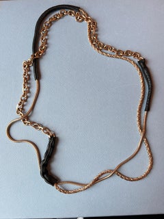 Chunky Chain Necklace Gold Plated Leather Vintage - Designer J Dauphin