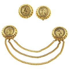 Gold-Plated Clip Earrings Collar Chain Brooch Pin Set Britain Pound Sterling