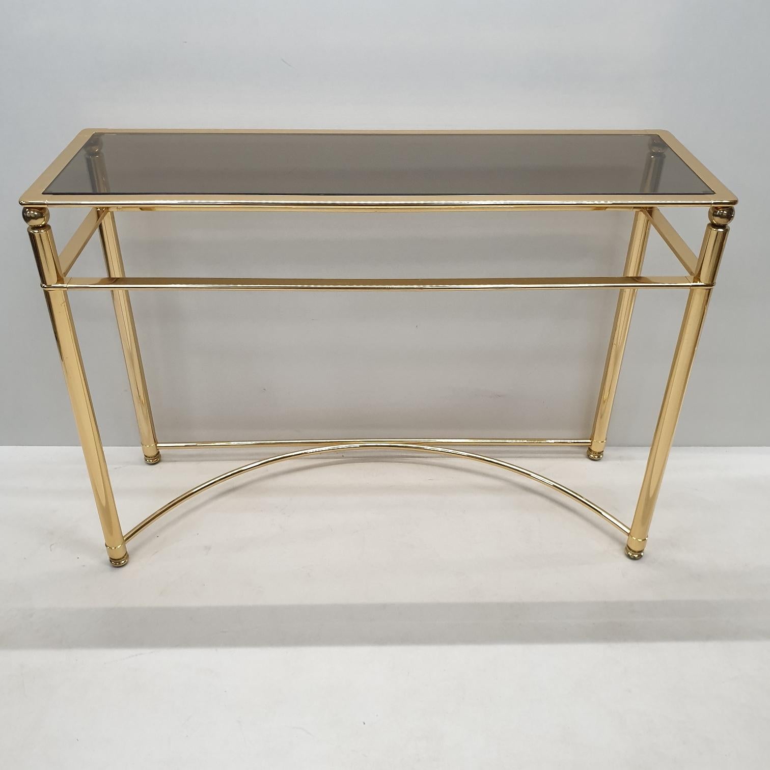 Gold-Plated Console Table with Smoked Cut Glass, 1980s For Sale 2
