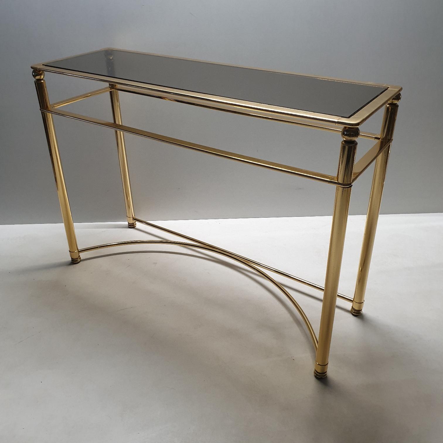 Hollywood Regency Gold-Plated Console Table with Smoked Cut Glass, 1980s For Sale