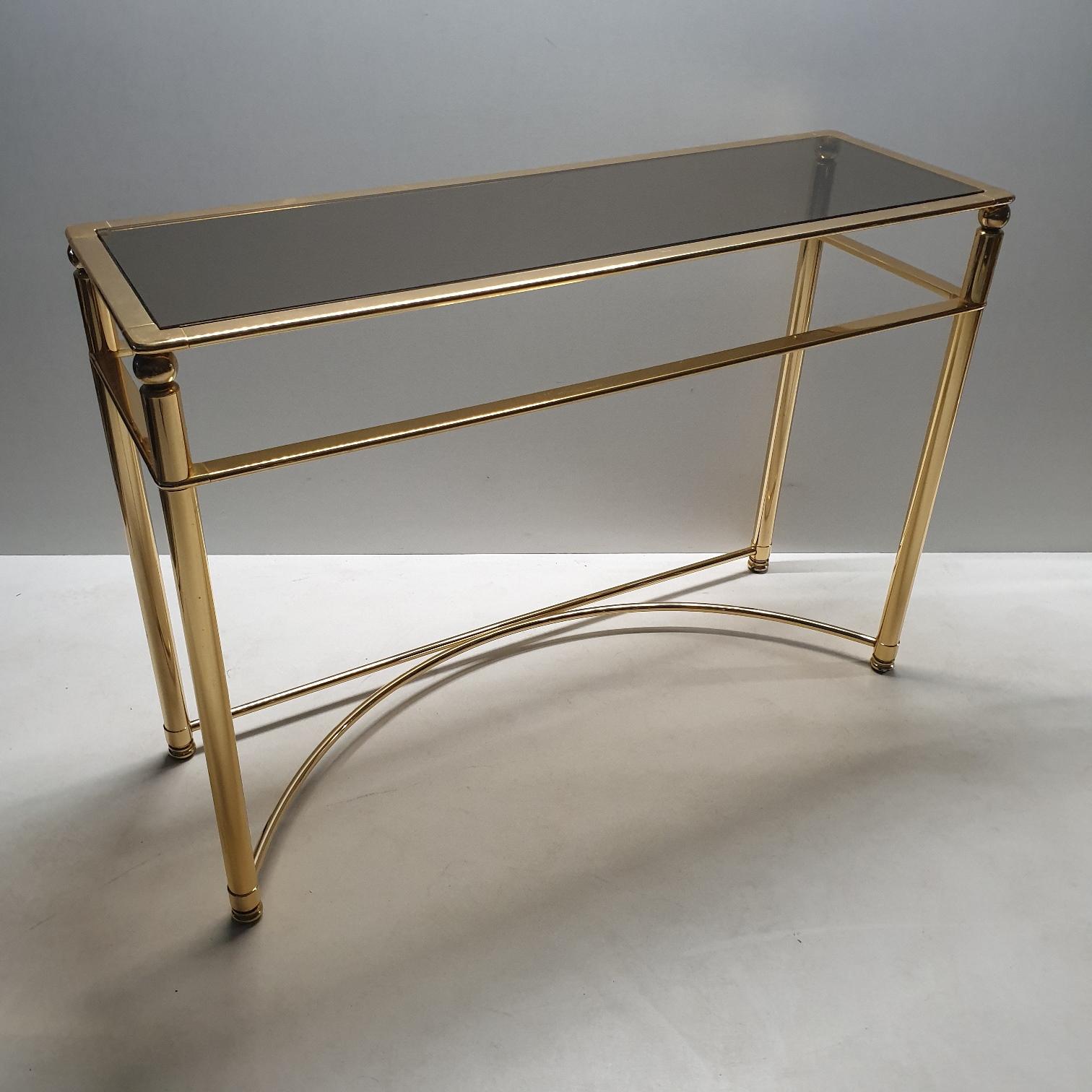 Italian Gold-Plated Console Table with Smoked Cut Glass, 1980s For Sale