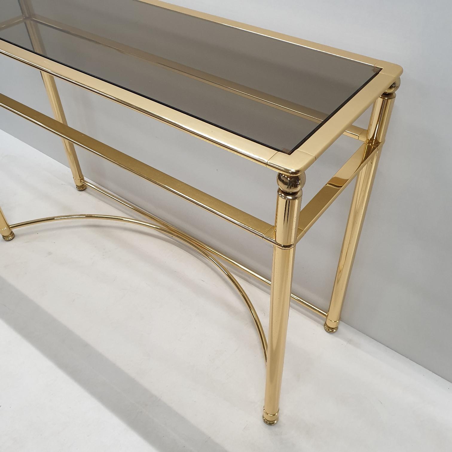20th Century Gold-Plated Console Table with Smoked Cut Glass, 1980s For Sale