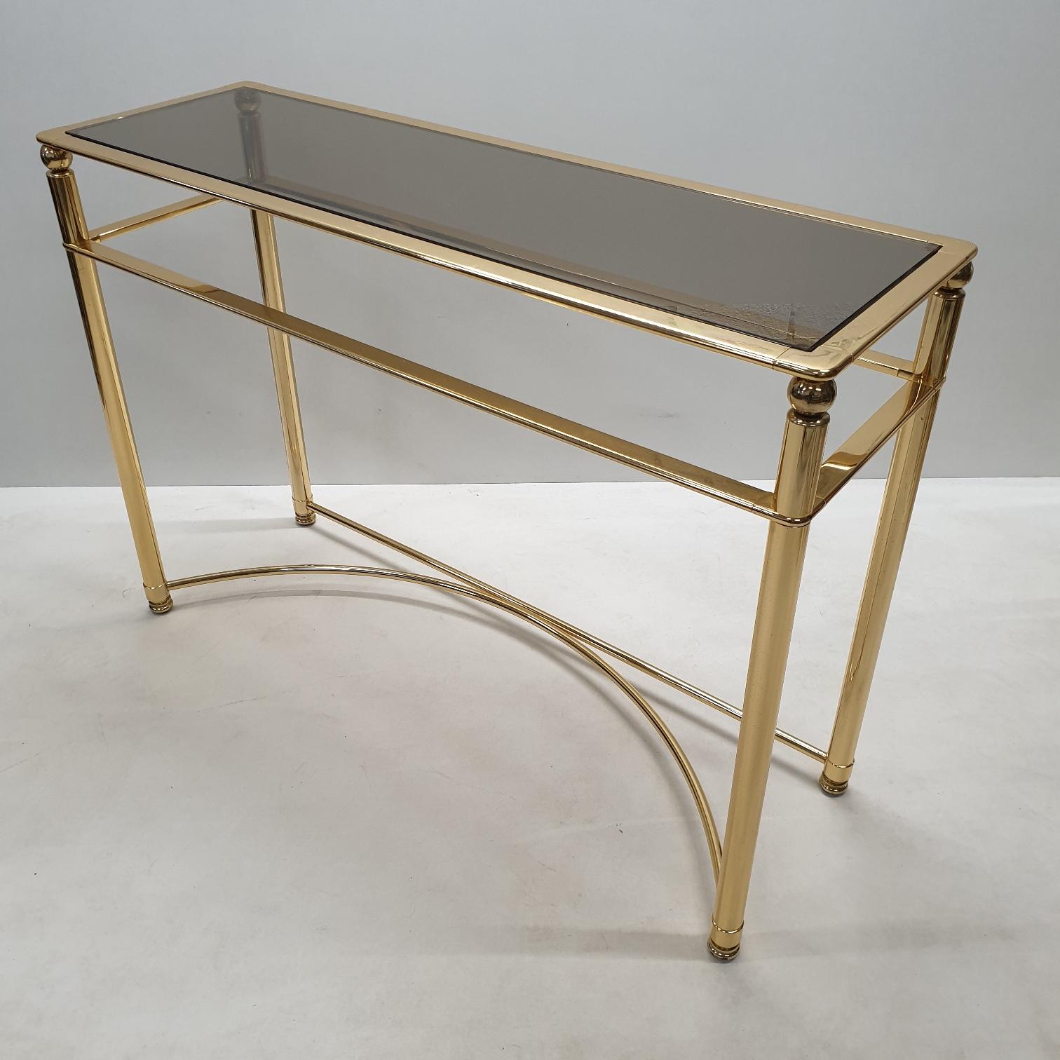 Metal Gold-Plated Console Table with Smoked Cut Glass, 1980s For Sale