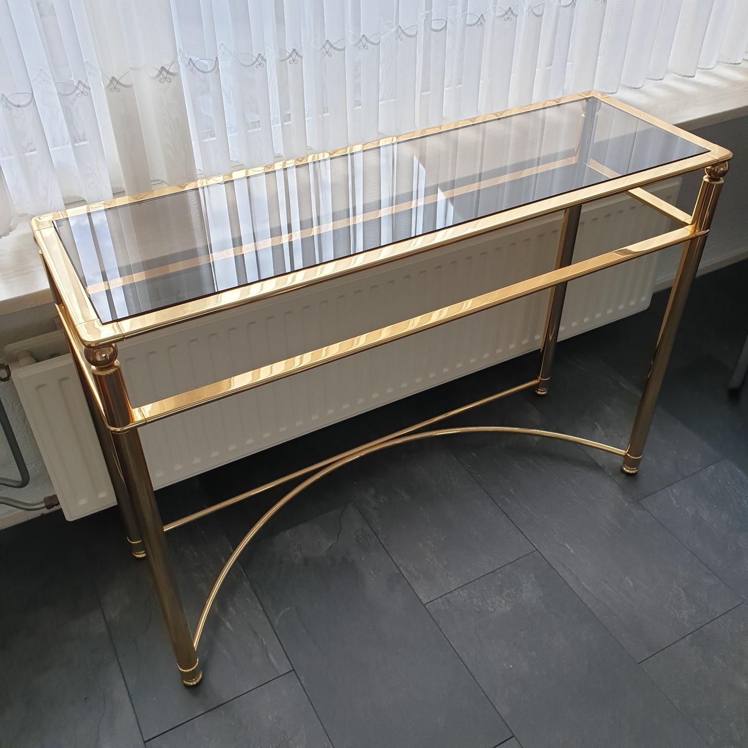 Gold-Plated Console Table with Smoked Cut Glass, 1980s For Sale 1