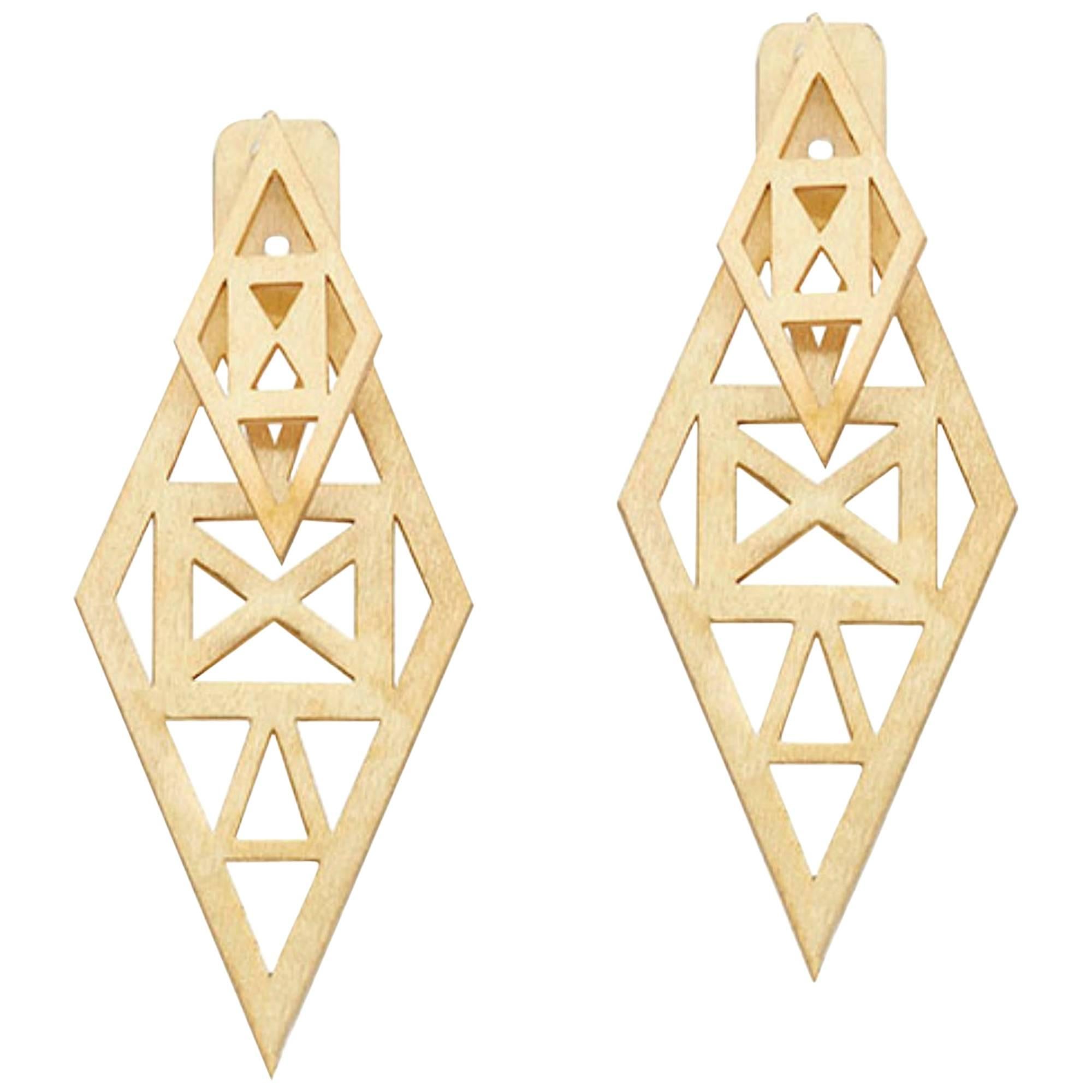Gold-Plated Convertible Rhombus Shaped with Geometrical Cut-Out Greek Earrings For Sale