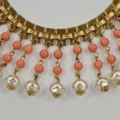 Gold Plated Coral Glass Bead Faux Baroque Pearl Drop Collar Necklace circa 1950s