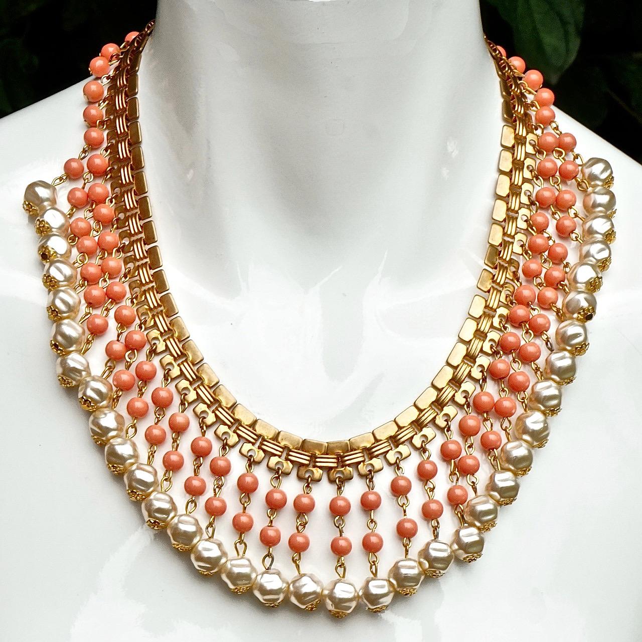 Women's or Men's Gold Plated Coral Glass Bead Faux Baroque Pearl Drop Collar Necklace circa 1950s For Sale