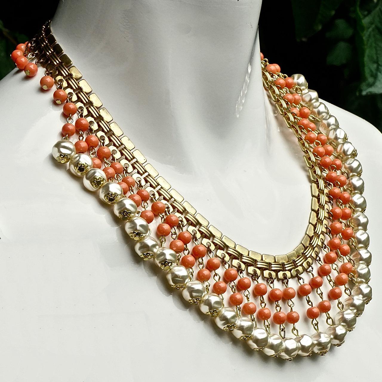 Gold Plated Coral Glass Bead Faux Baroque Pearl Drop Collar Necklace circa 1950s For Sale 1