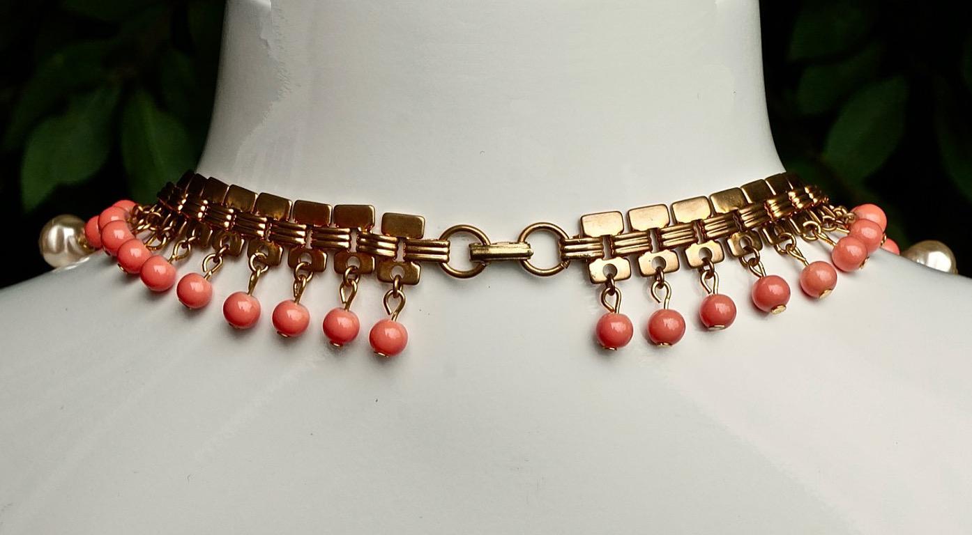 Gold Plated Coral Glass Bead Faux Baroque Pearl Drop Collar Necklace circa 1950s For Sale 2