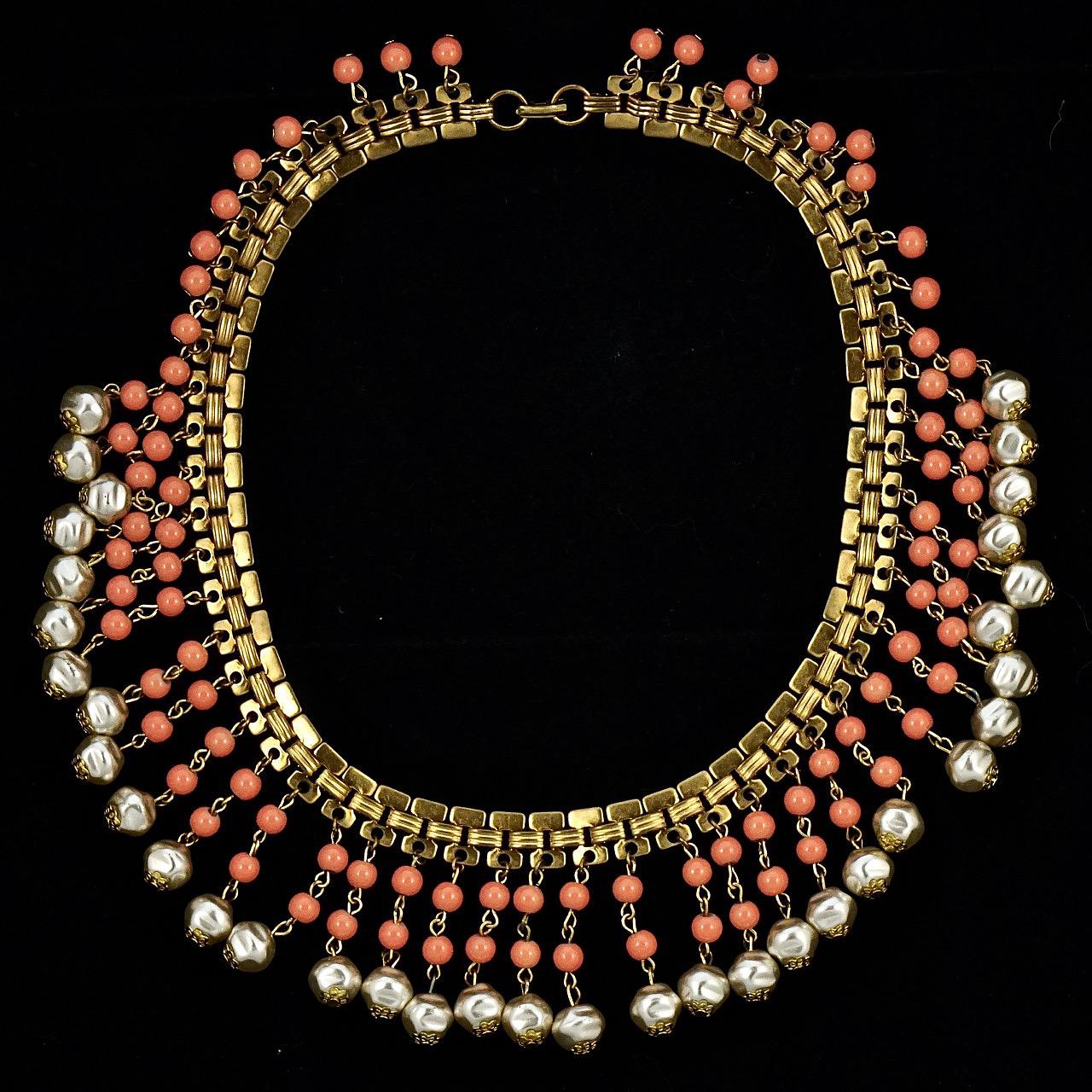 Gold Plated Coral Glass Bead Faux Baroque Pearl Drop Collar Necklace circa 1950s For Sale 3