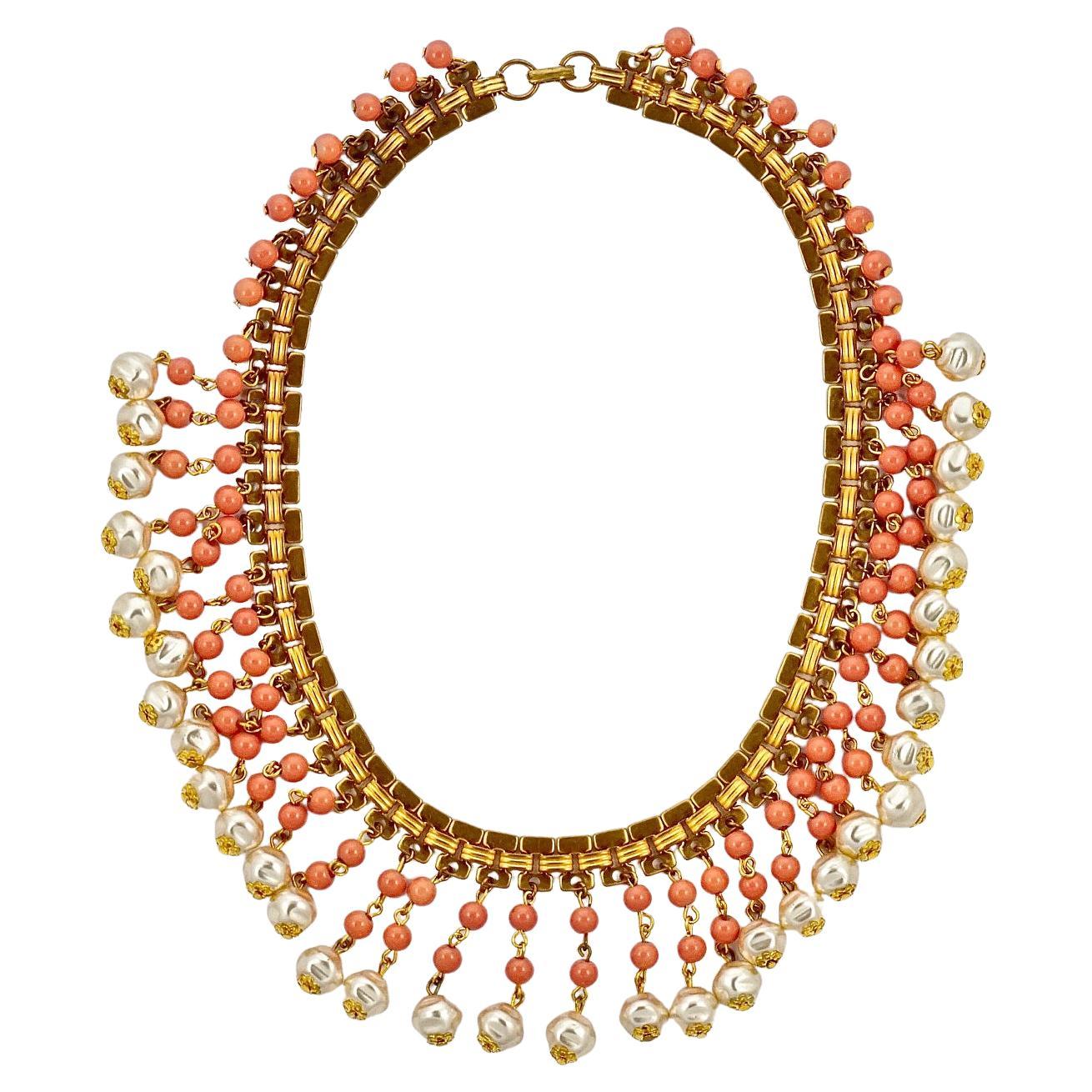 Gold Plated Coral Glass Bead Faux Baroque Pearl Drop Collar Necklace circa 1950s For Sale