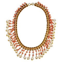 Retro Gold Plated Coral Glass Bead Faux Baroque Pearl Drop Collar Necklace circa 1950s