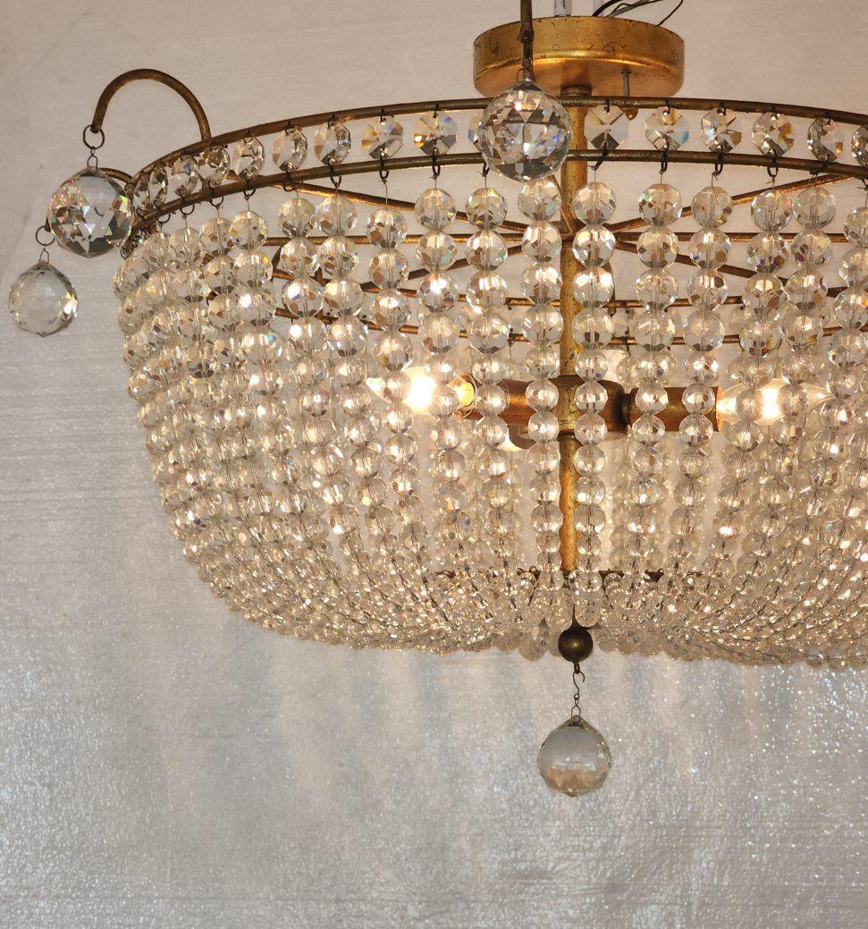 French Gold Plated Crystal Basket Chandelier For Sale