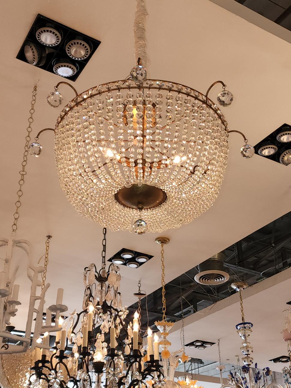 Hand-Crafted Gold Plated Crystal Basket Chandelier For Sale