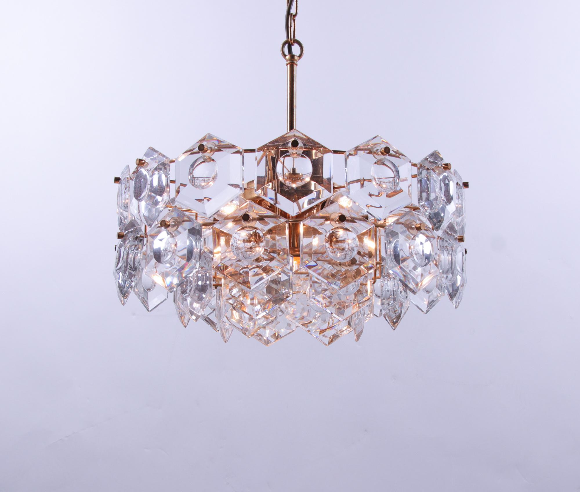 Hollywood Regency Gold-Plated Kinkeldey Chandelier Crystal & Brass, Germany, 1960s