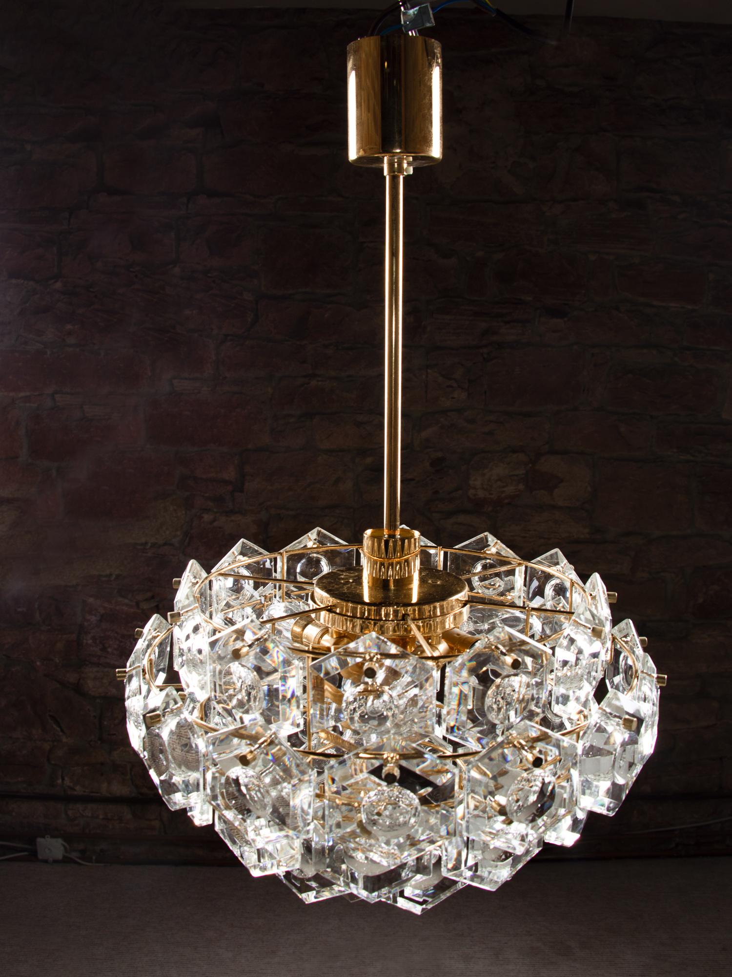 Gold Plate Gold-Plated Kinkeldey Chandelier Crystal & Brass, Germany, 1960s