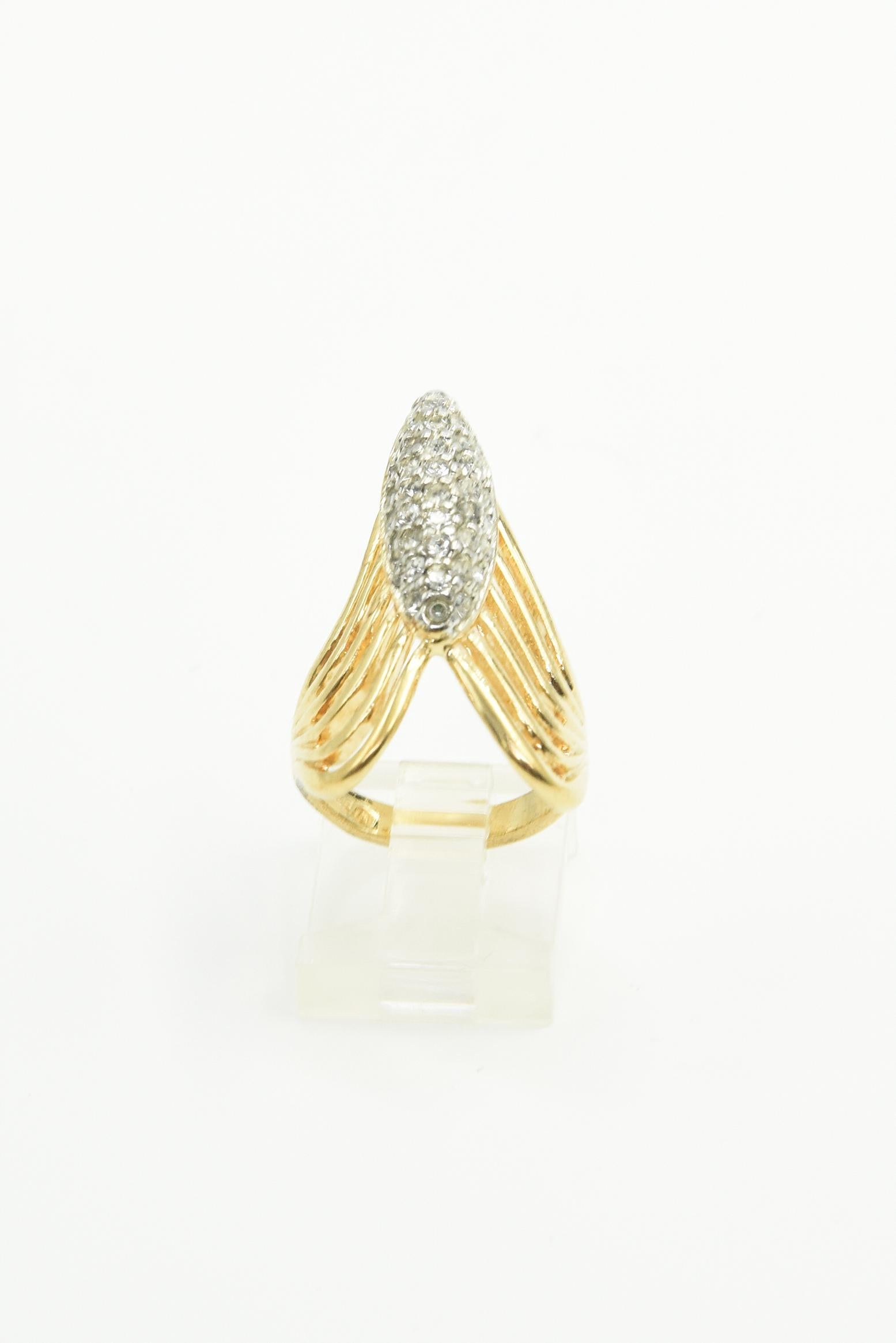 Round Cut Gold Plated Crystal 'V' Chevron Ring For Sale