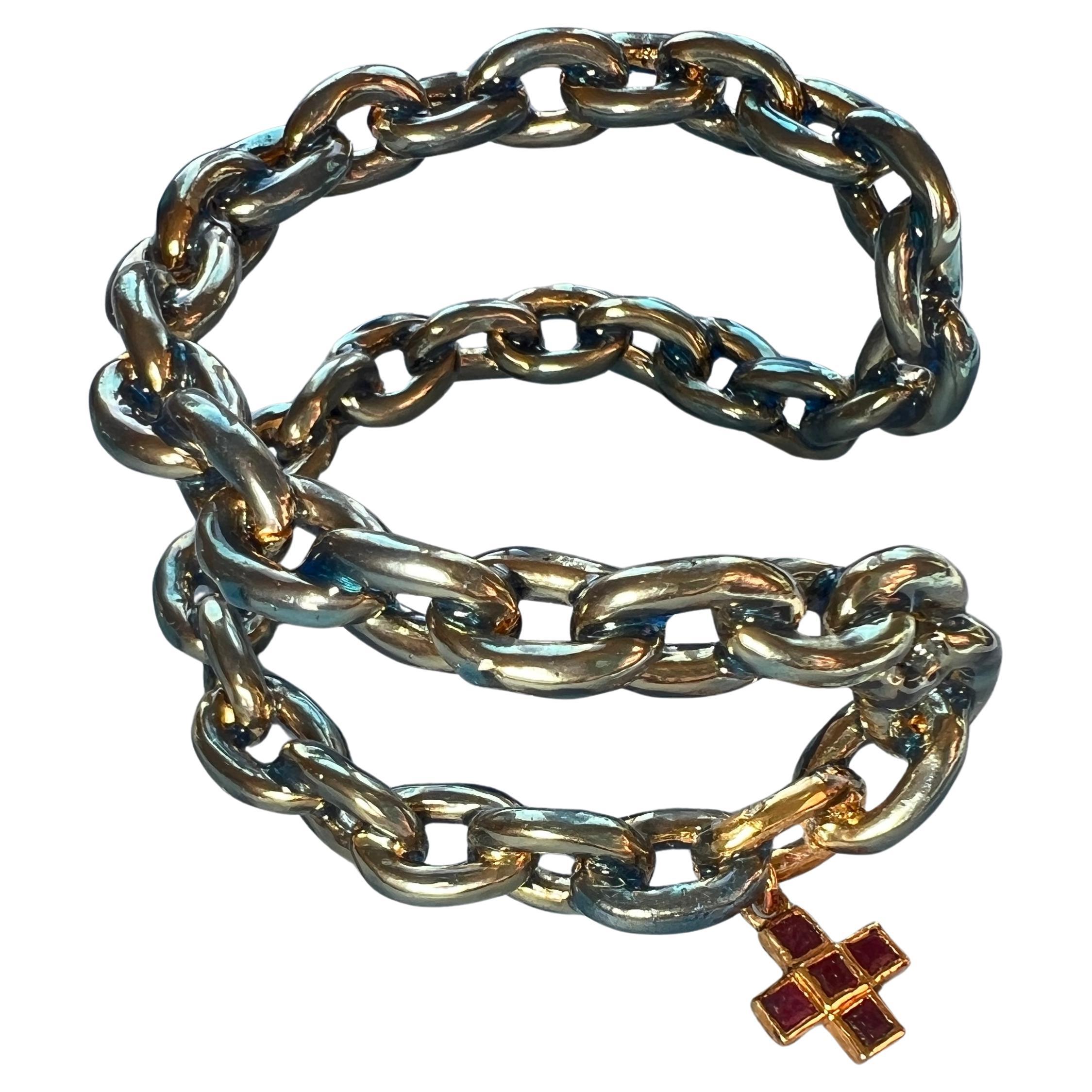 Gold Plated Cuff Bracelet with Light Blue Enamel and Ruby Cross
