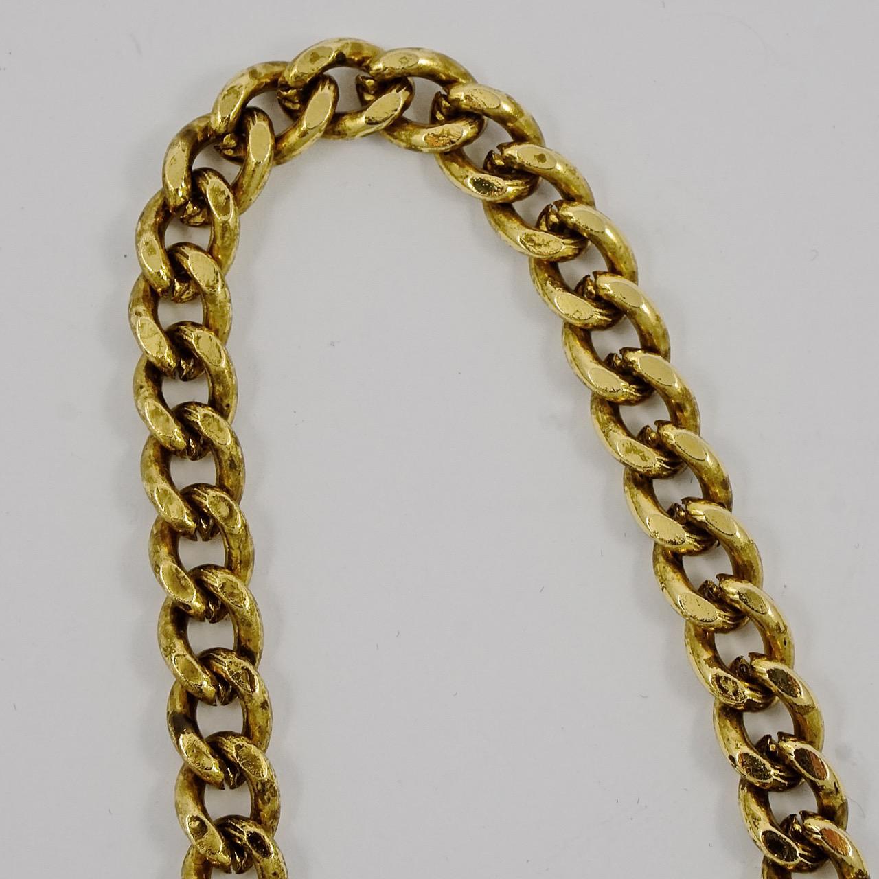 Gold Plated Curb Chain Necklace with Glass Jewel and Coin Drops, circa 1980s In Good Condition For Sale In London, GB